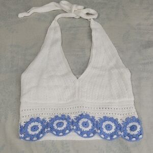 White and Blue Crochet Halter Top